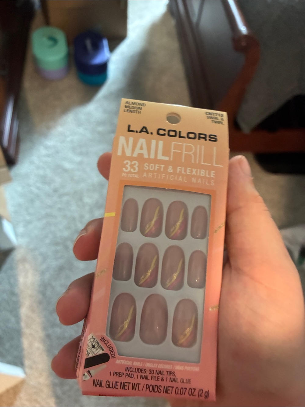 L.A. Colors Almond Artificial Nails in Mauve Nude with Gold Swirl